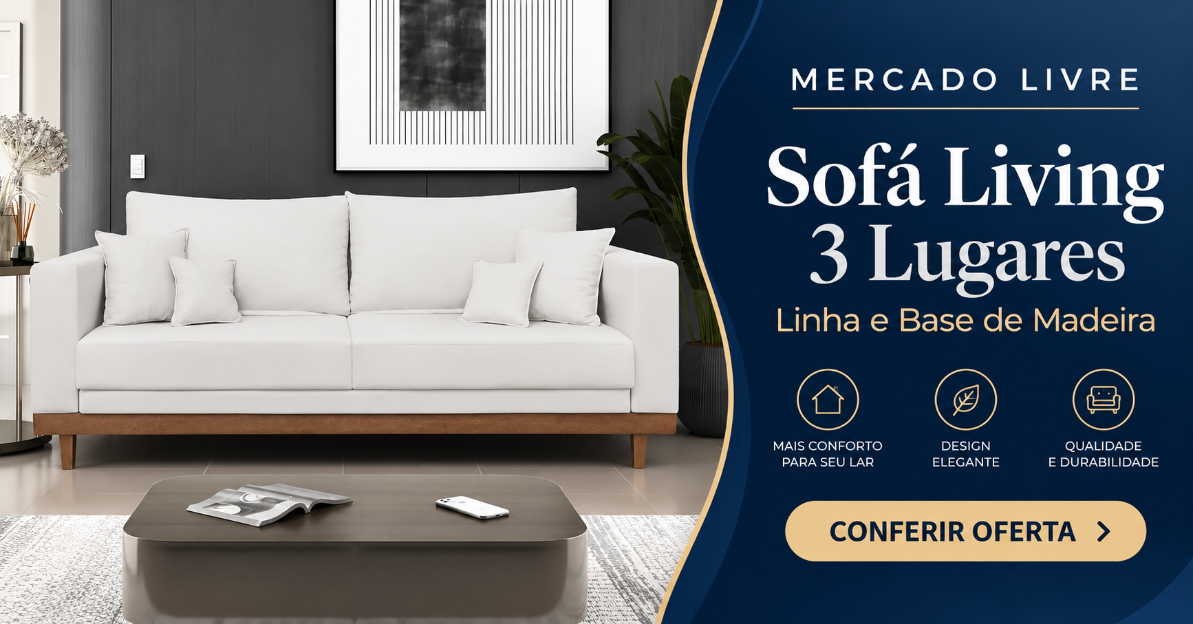 Sofá Living 3 Lugares em Linho com Base de Madeira