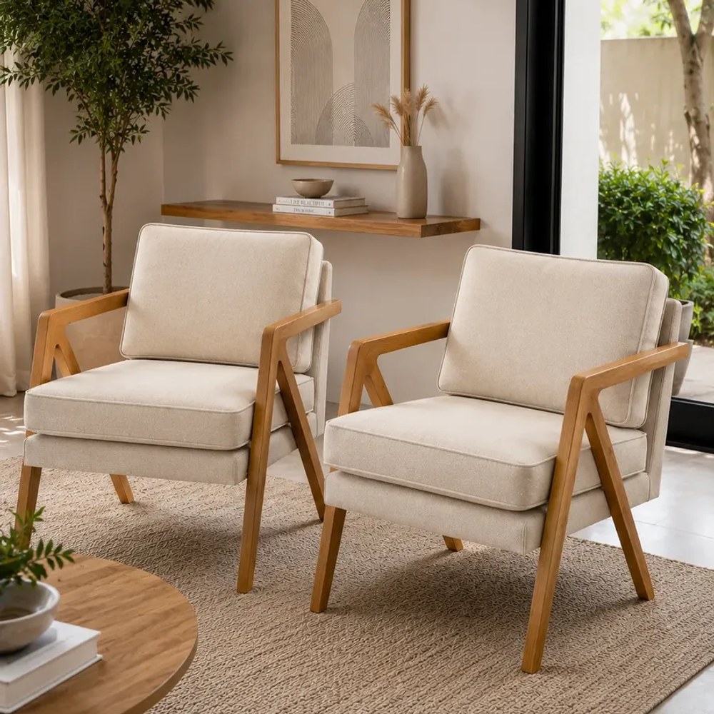 Kit 2 Poltronas Mona Decorativas em Linho ou Corino com Pés de Madeira