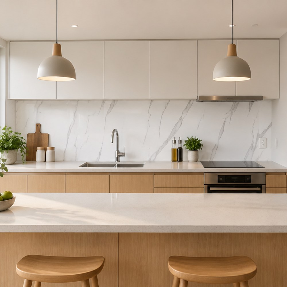 Adesivo de Cozinha Efeito Mármore Branco — Resistente a Água, Óleo e Alta Temperatura