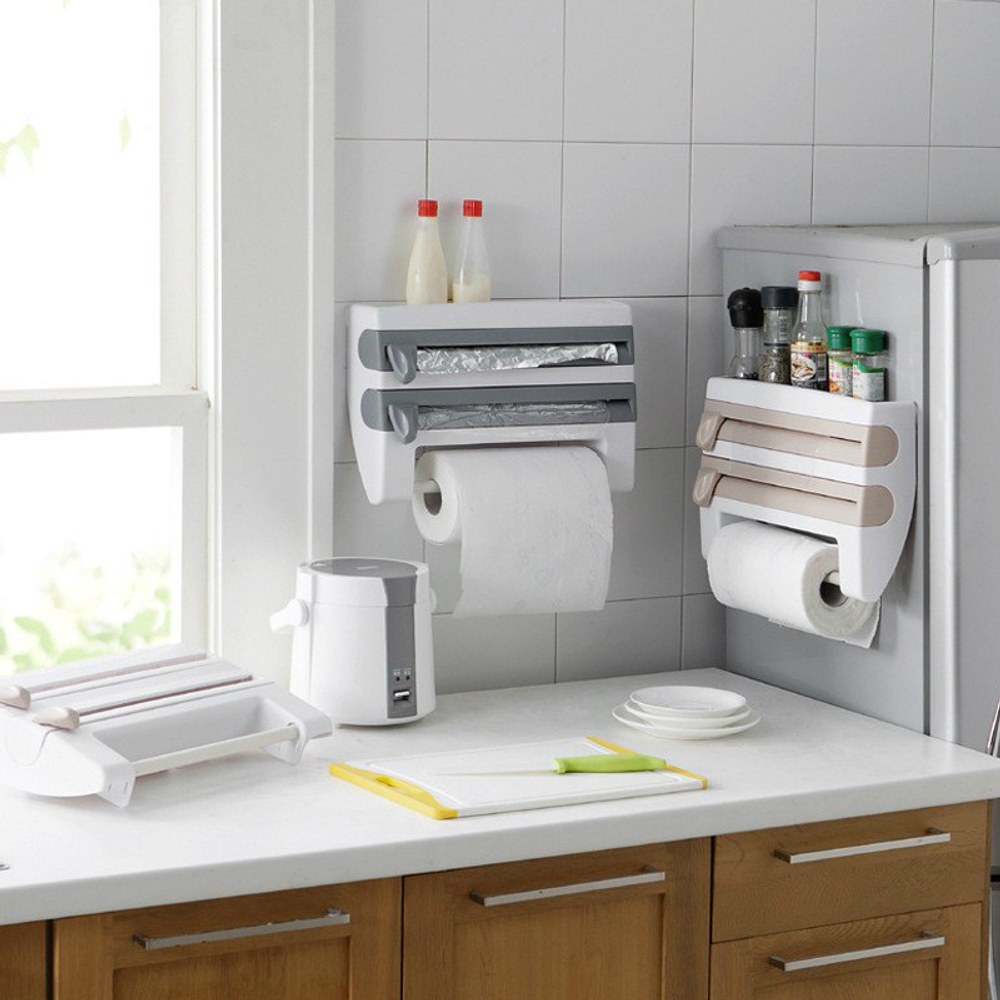 Dispenser 4 em 1 para Cozinha — Cortador de Papel Filme e Alumínio, Porta Papel-Toalha e Prateleira de Temperos