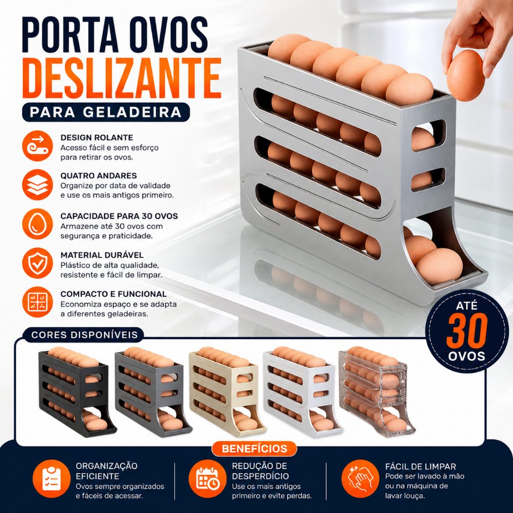 Porta Ovos Deslizante para Geladeira — Organizador Rolante de 4 Andares